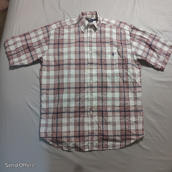 RALPH LAUREN BLUE LABEL Mens BLAIRE White,Blue Red Windowpane Med Short sleeve - Picture 1 of 6